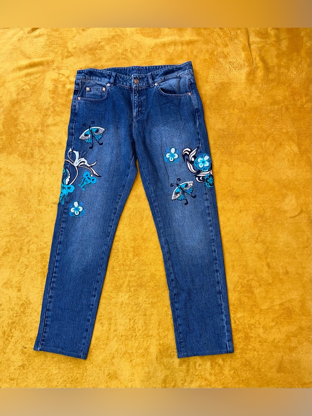 Escada Dark Blue Straight Leg Jeans with Turquoise Floral & Moth Embroidery